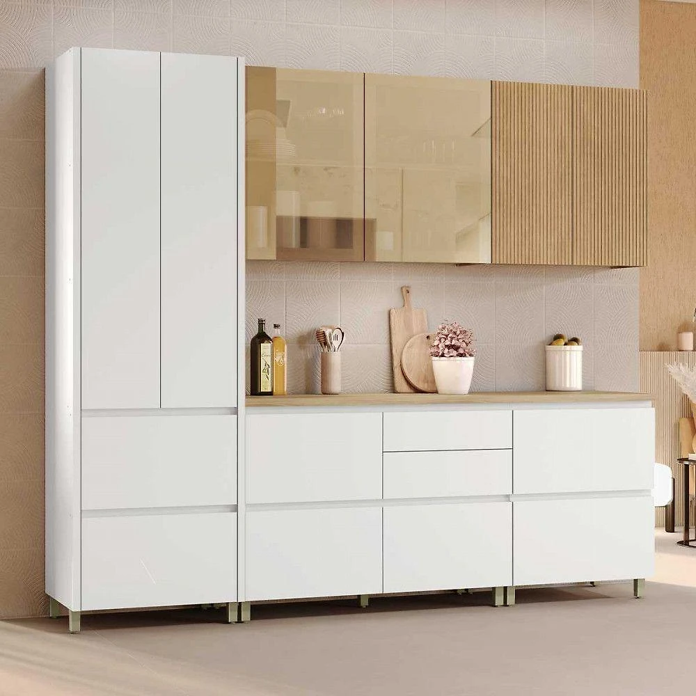 Cozinha 5 Peças Rainha 2 Portas 7 Gavetas MDF Branco com Nature Nesher Móveis