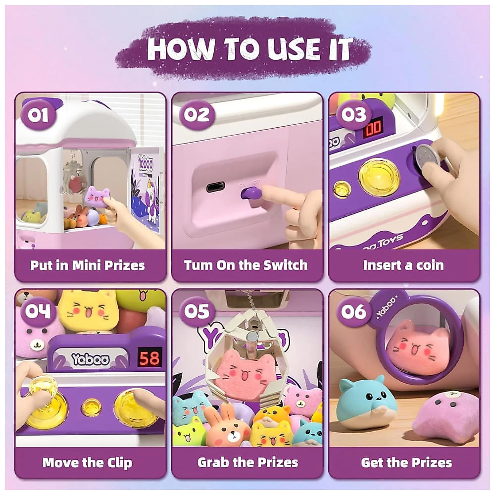 Máquina de Garra Roxa e Lilás Vanvimen – Mini Arcade Infantil Tema Unicórnio com 10 Pelúcias, 10 Ovos, 24 Moedas, Música e Luzes