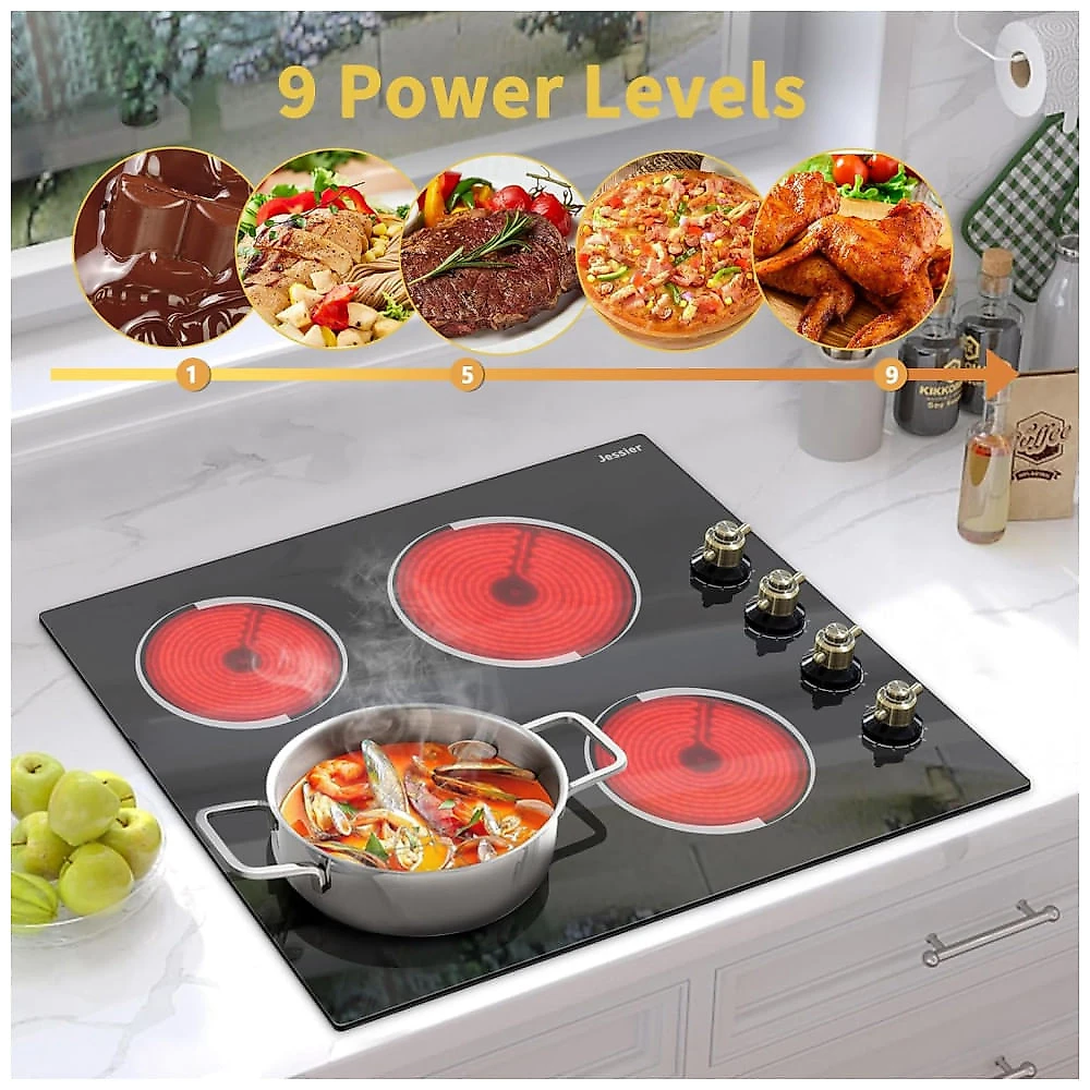 Cooktop elétrico vitrocerâmico 61cm 4 zonas Jessier 6000W comando por manípulos vidro preto 220V