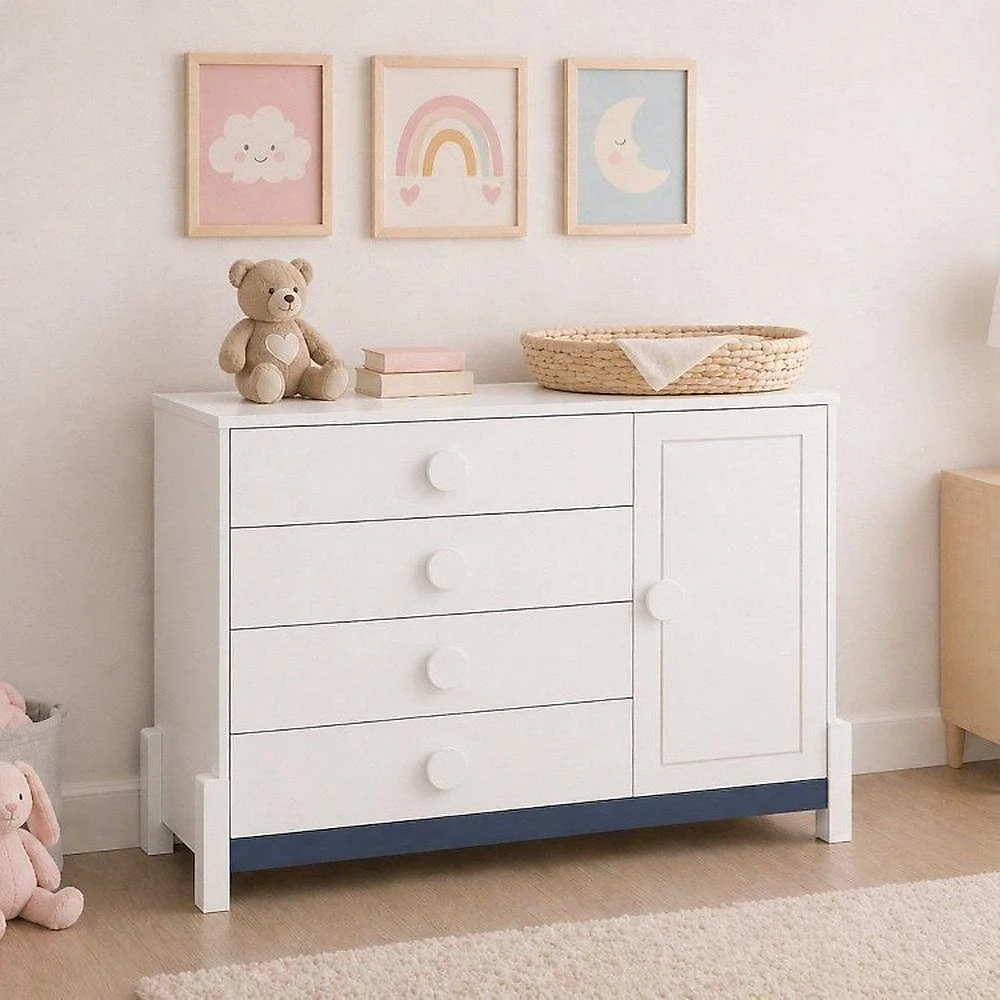 Quarto de Bebê Completo Armário 4PTS , Comoda com Pt e Berço 2 em 1 em MDF Linha Luna Neve/Azul Petroleo