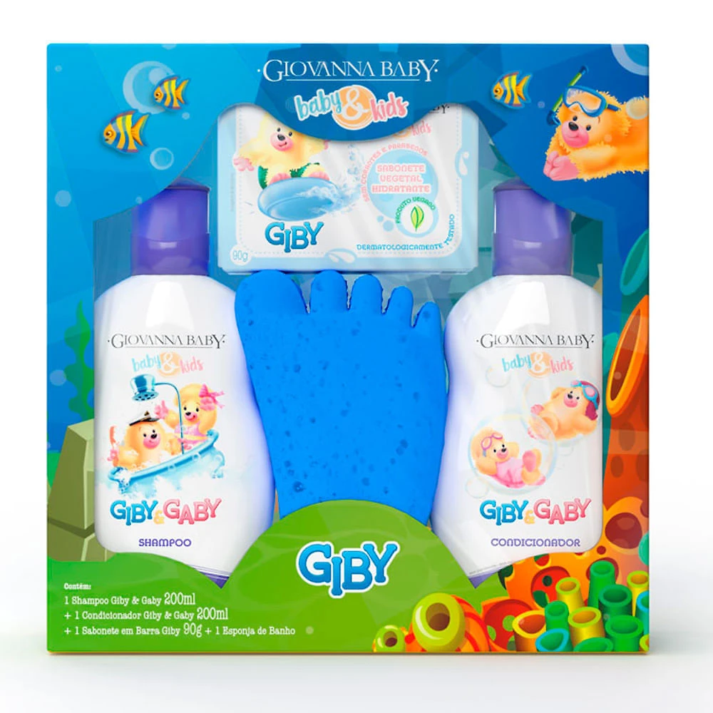 Shampoo e Condicionador Giovanna Baby e Kids Giby e Gaby 200ml cada Sabonete Vegetal Hidratante Giby 90g Esponja de Banho