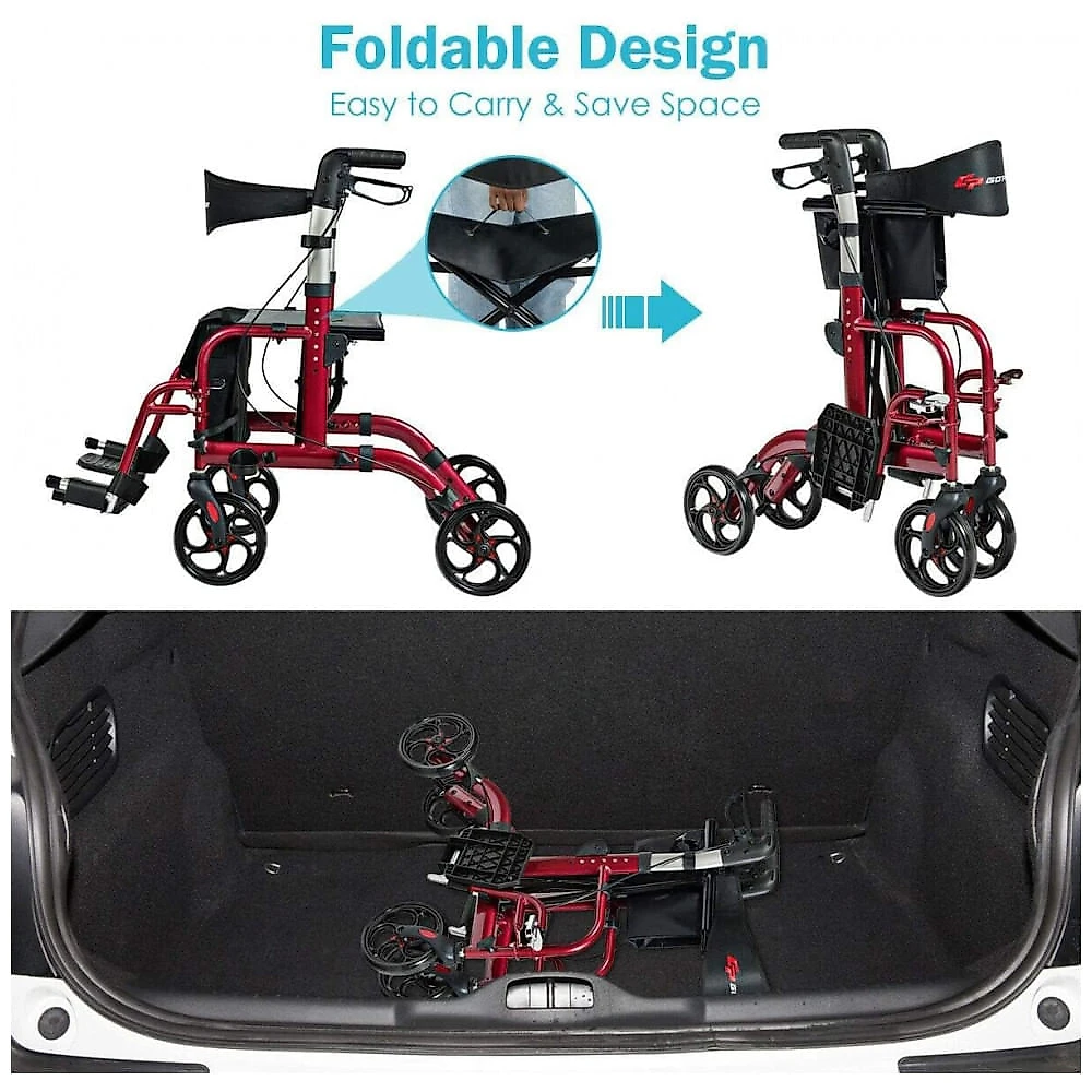 Andador Adulto Idoso GOPLUS com Encosto, Suporta até 136 Quilos, Vermelho