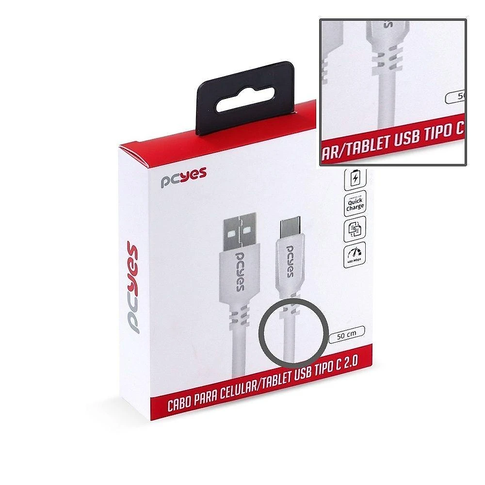 Cabo USB Tipo C Pcyes USB a 2.0 480 Mbps 5V 3A 15W Branco 50cm