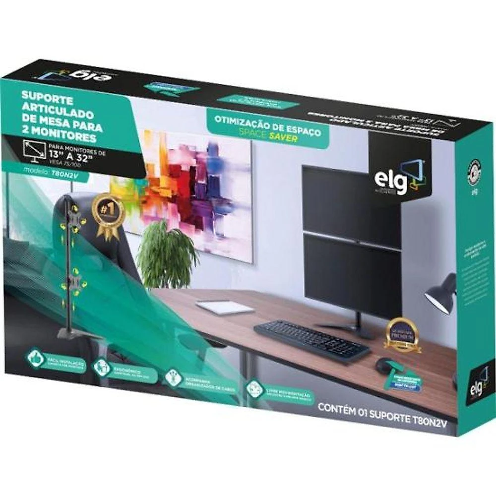 Suporte para Monitor T80N2V Articulado com Ajuste de Altura e Giro 360° Preto ELG