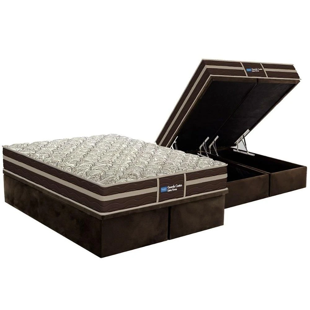 Cama Box Baú King Colchão Ortopédico Probel Wood Guarda Costa Extra Firme Brown + Base Crc Suede Brown(193x203)