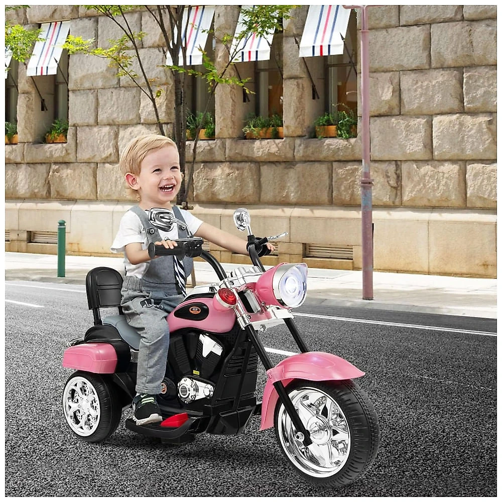 Moto Elétrica Infantil Chopper OLAKIDS Rosa 6V 3 Rodas de Treinamento Farol LED Buzina Suspensão Estrutura Metálica 3 km/h