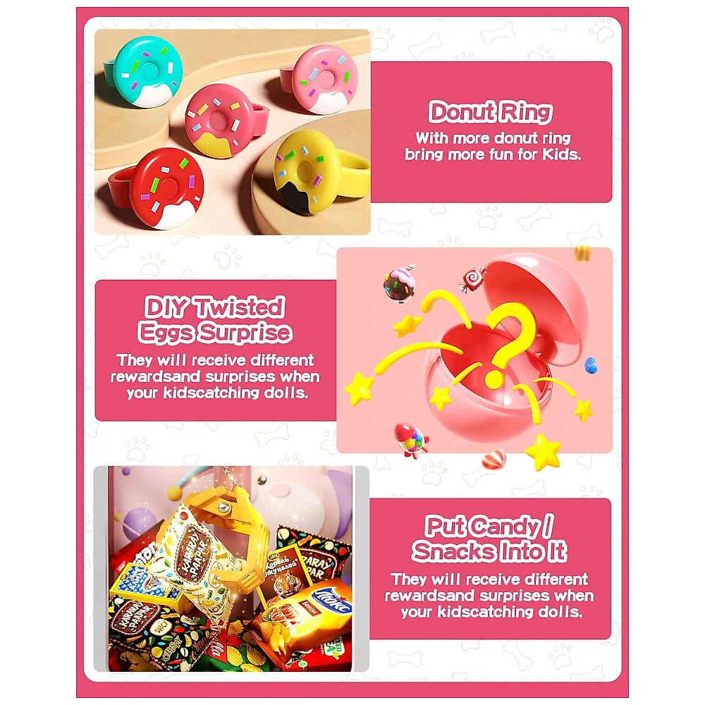 Máquina de Garra Mini Arcade Jovow Doggy Pink para Crianças com Brinquedos, Música e Dispensador de Prêmios