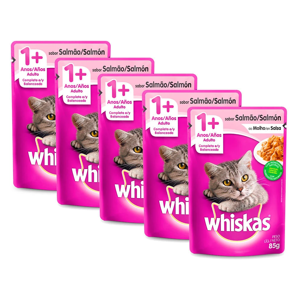 Ração Úmida para Gatos Whiskas Adulto 1+ Anos Sabor Salmão ao Molho Sachê 85g | Kit com cinco unidades