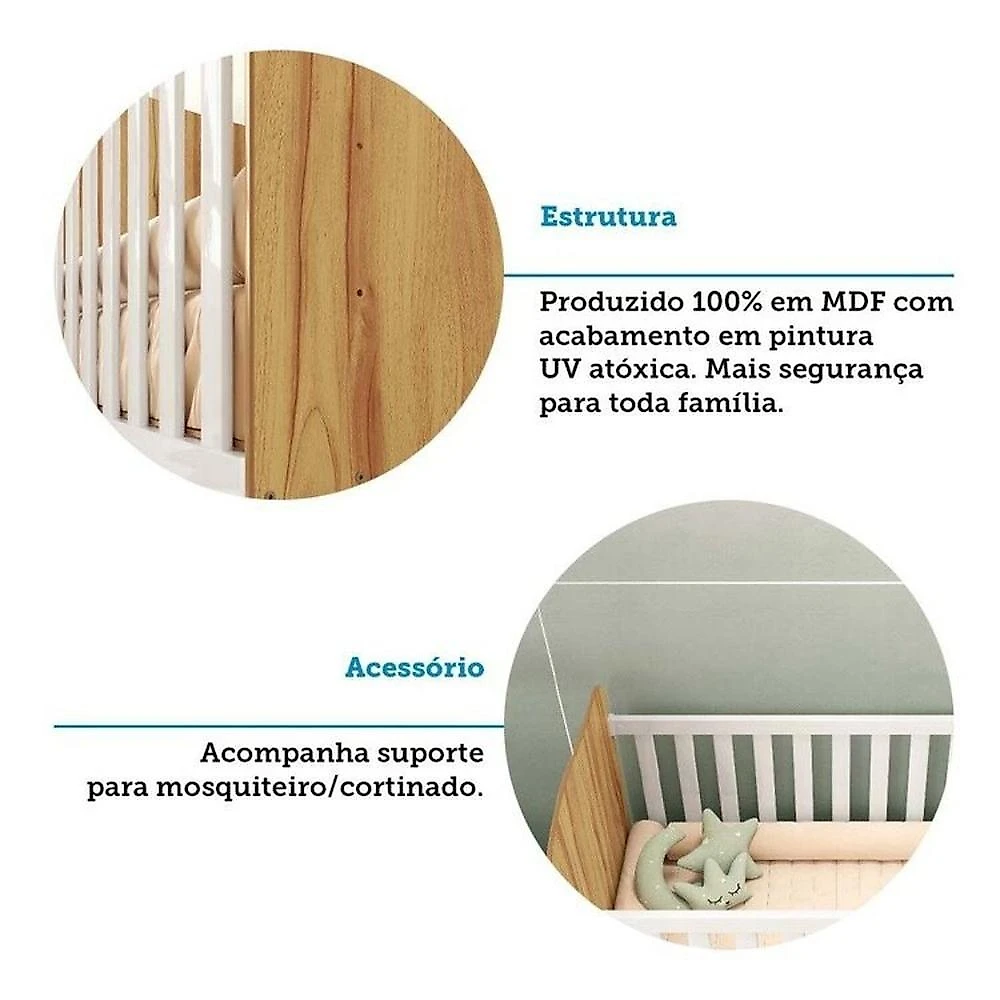 Quarto de Bebê com Guarda Roupa 2 Portas e Berço Teka 100% Mdf Espresso Móveis Branco Brilho/Amêndoa