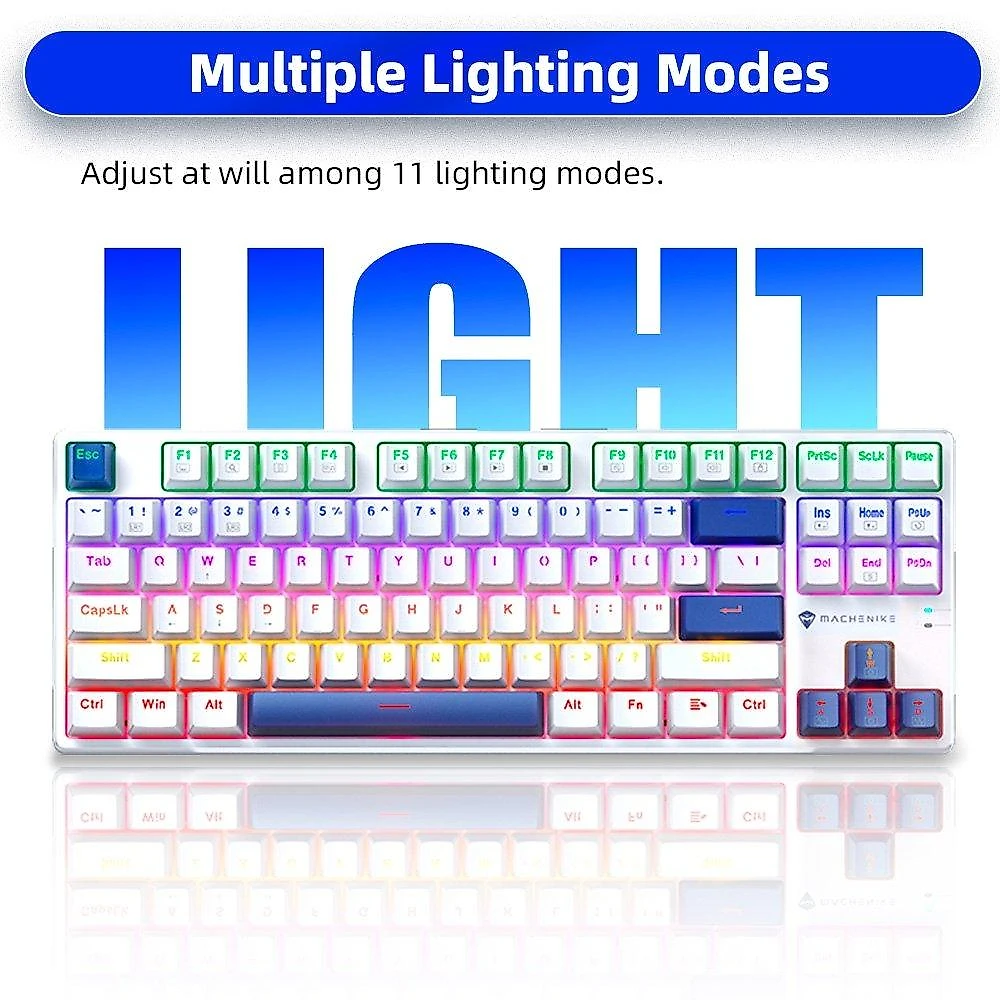 Teclado Mecânico Gamer Machenike K500B-B87 RGB, Switch RED, Layout 80%, Usb-C, Abnt2, Branco E Azul - REF JJ02GZ009