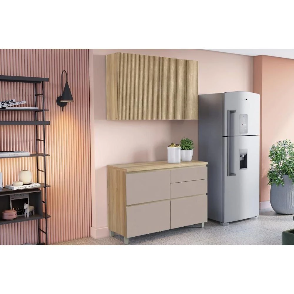 Kit Cozinha Rainha CZ430 3 Portas MDF Giratória Nature e Greige Nesher Móveis