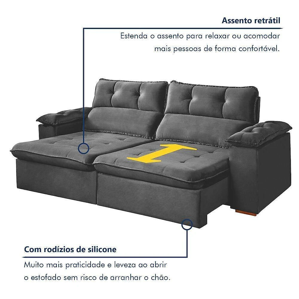 Sofá Toronto 3 Lugares Retrátil e Reclinável 200CM Cinza