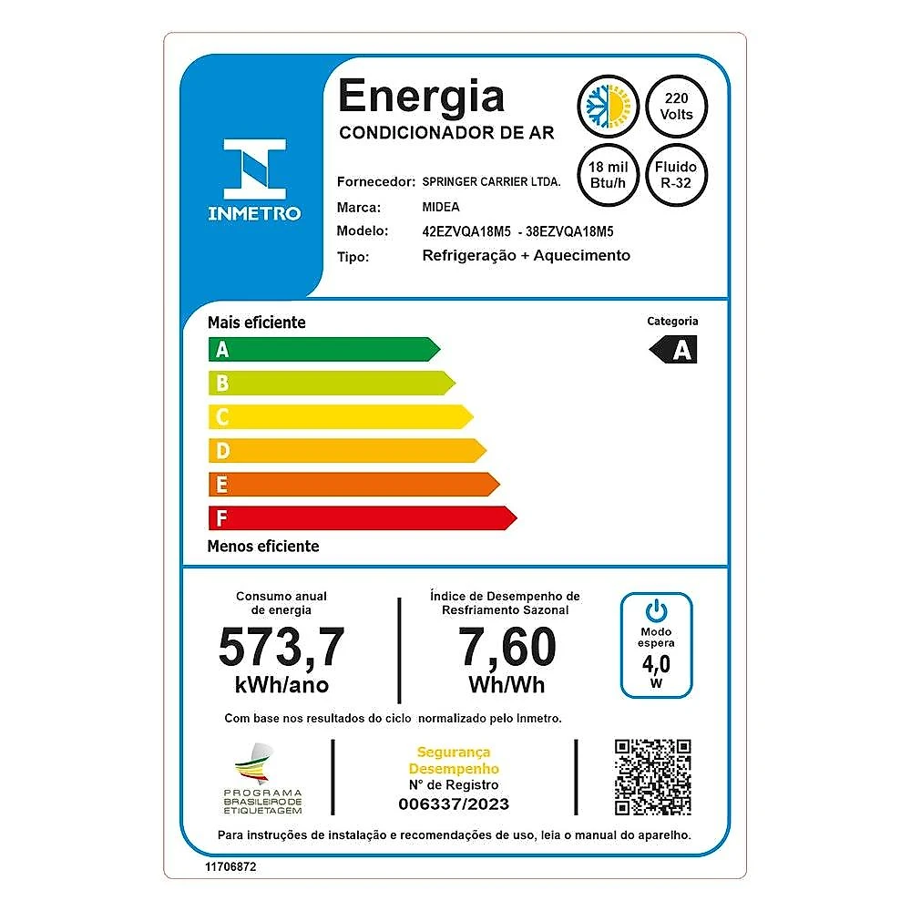 Ar-Condicionado Split Inverter 18000 BTUs Midea AI Ecomaster High Wall Quente e Frio 42EZVQA18M5/38EZVQA18M5 220V