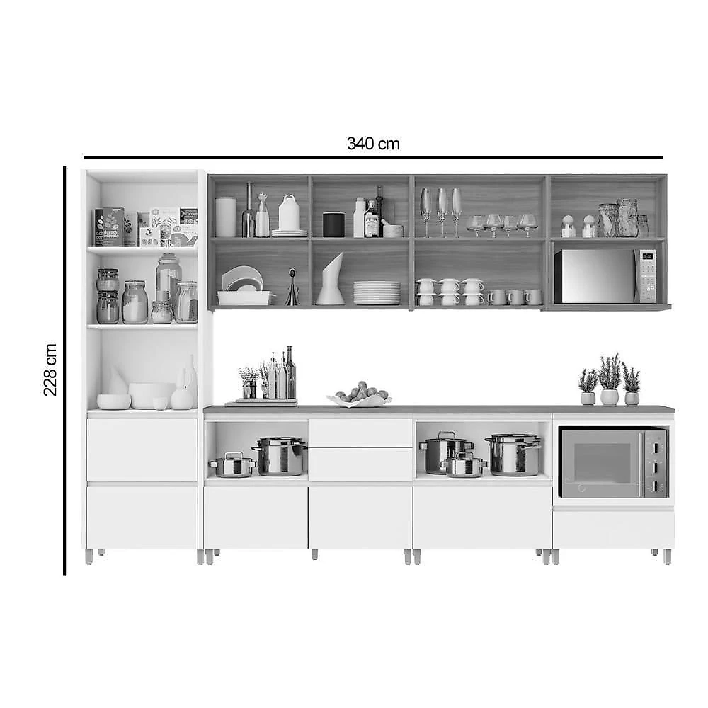 Cozinha Modulada Completa Rainha Gourmet 7 Peças 33 Aéreos + 3 Balcões + 1 Paneleiro C6p37 Branca Nature