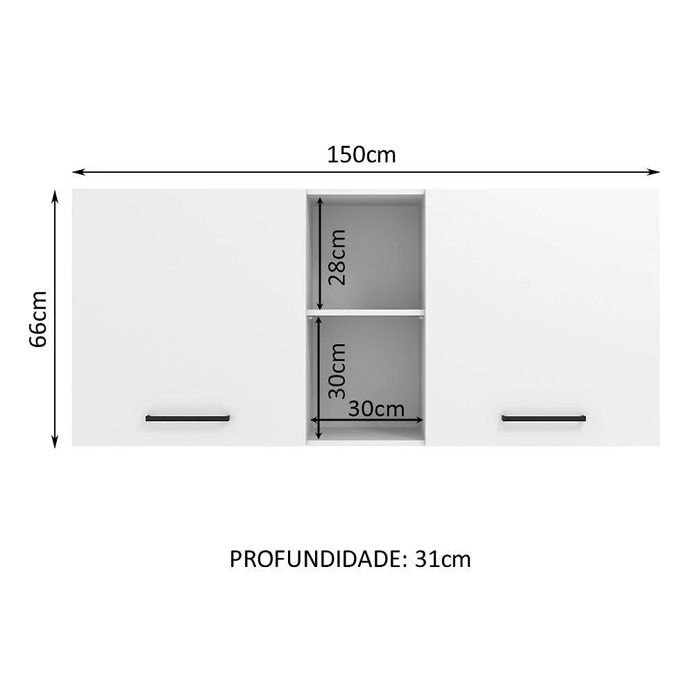 Armário de cozinha aéreo 150 cm 2 portas e 2 nichos branco agata madesa