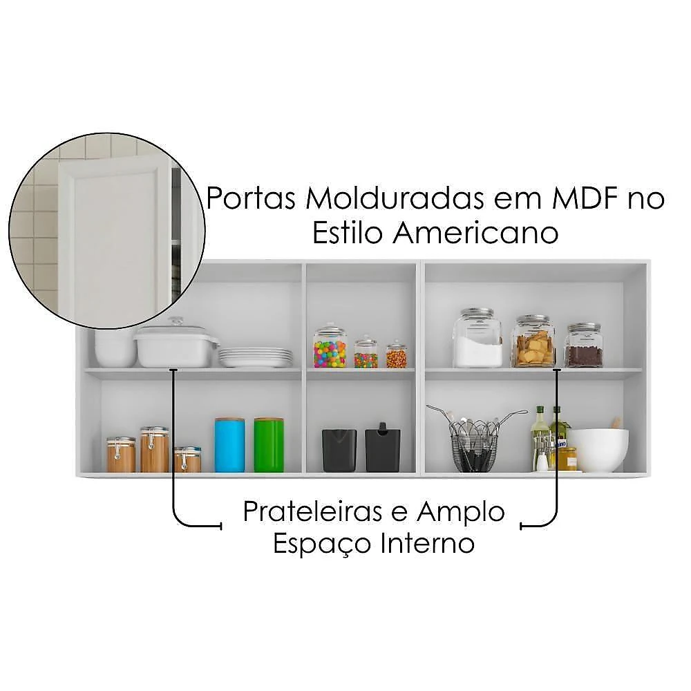 Cozinha Modulada Unna J00110P 6 Portas 3 Gavetas 200cm Branco Poliman Móveis