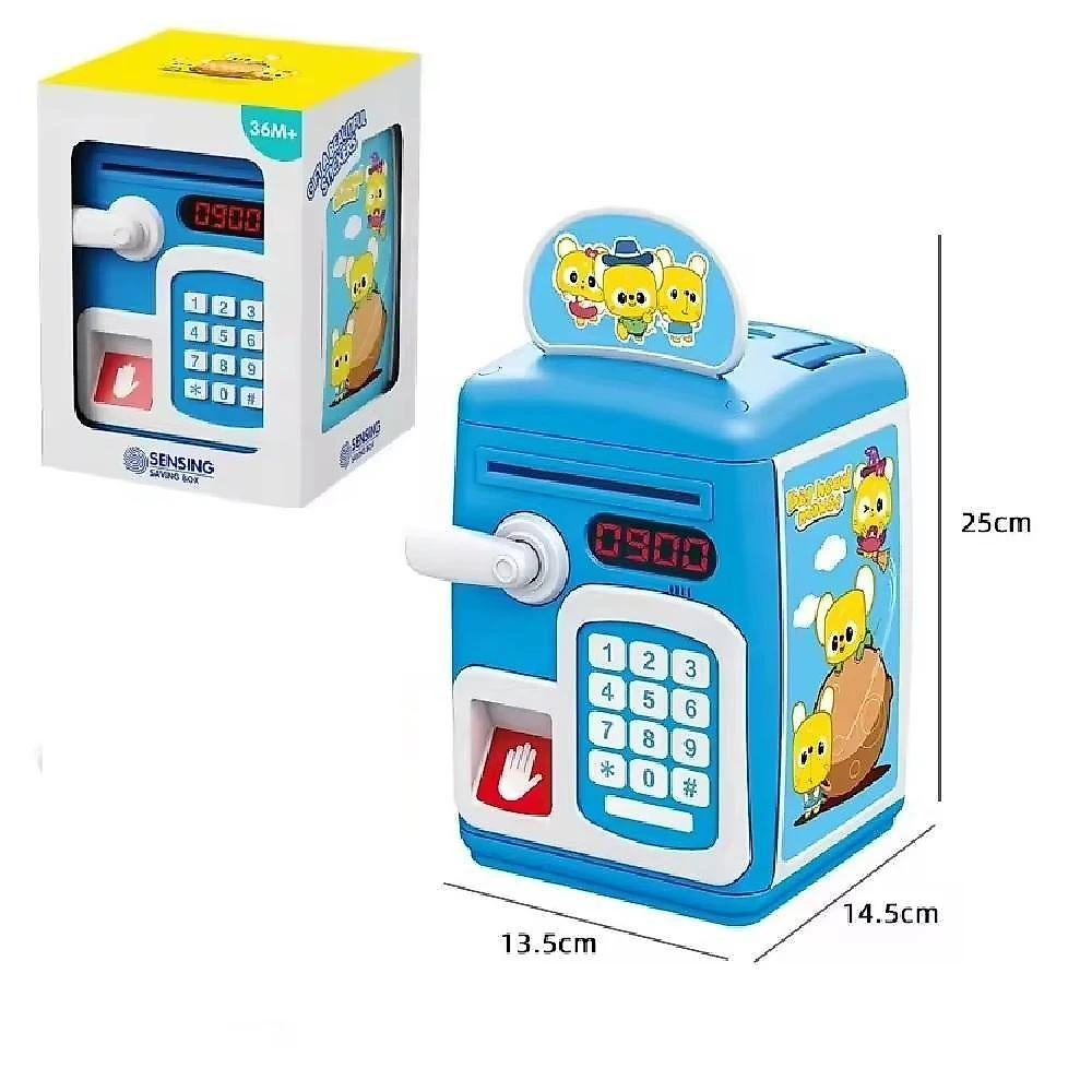 Cofre Digital Senha Eletronico Automatico Impressao Digital Cofrinho Completo Infantil Biometria Teclado Moedas Nota