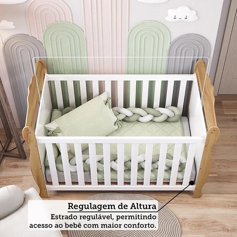 Quarto de Bebê com Berço Minicama e Guarda-roupa 3 Portas 100% MDF Nina Espresso Móveis Branco Brilho/Amêndoa