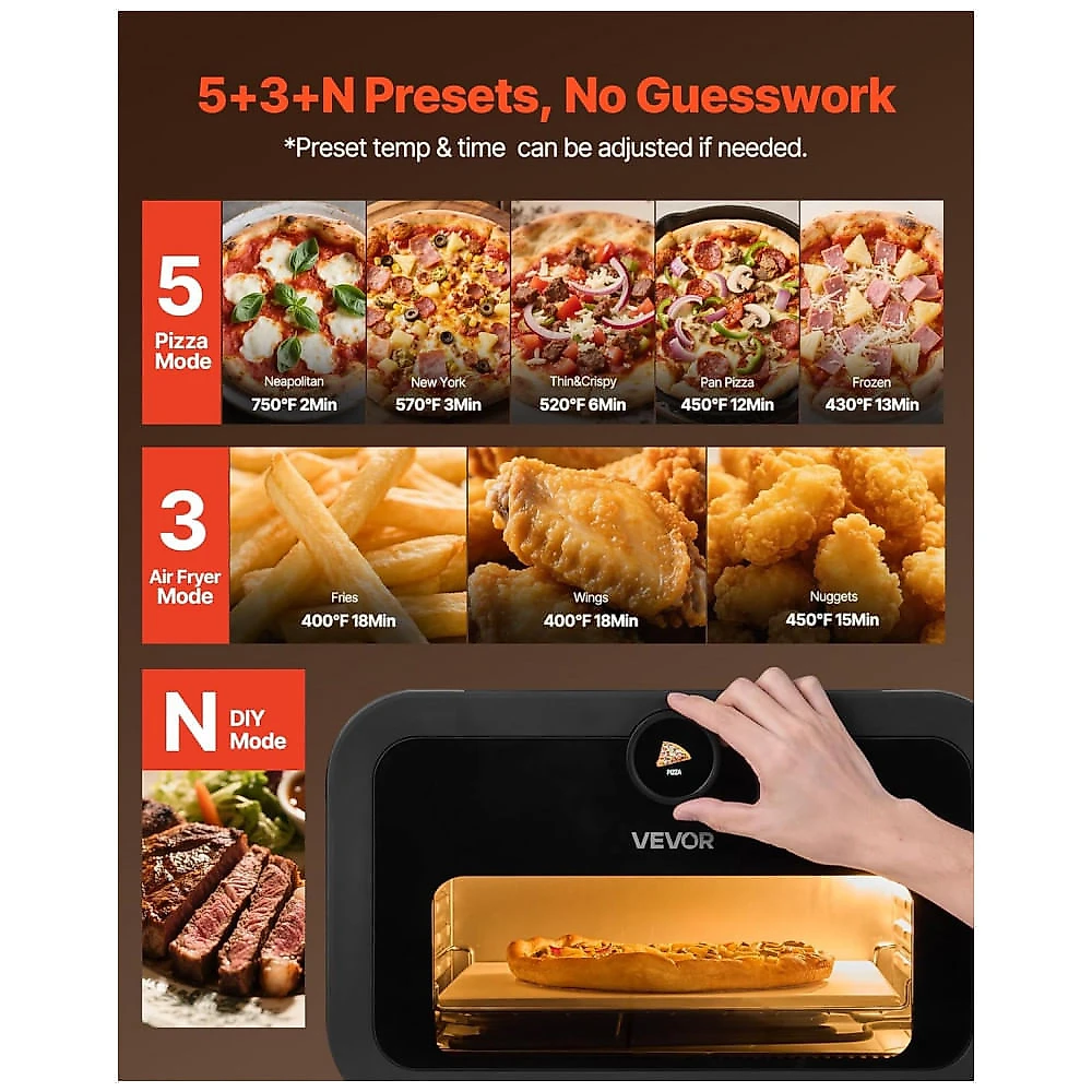 Forno de Pizza Elétrico VEVOR JG2-18H 30 cm Air Fryer Combo 8 Modos Pedra Refratária 399°C 110V