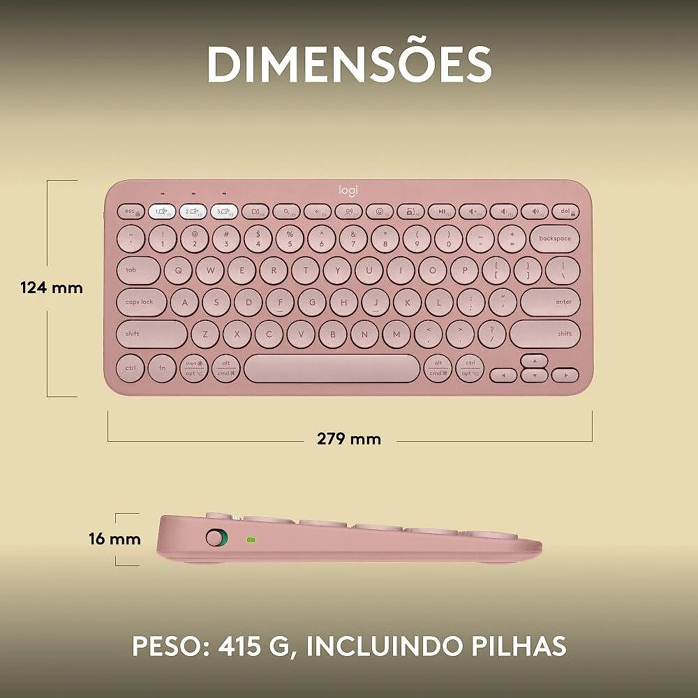 Teclado sem fio Logitech Pebble Keys 2 K380s - Rosa Teclado sem fio Logitech Pebble Keys 2 K380s com Conexão Bluetooth e USB Logi Bolt, Easy-Switch para até 3 dispositivos e Pilha Inclusa - Rosa