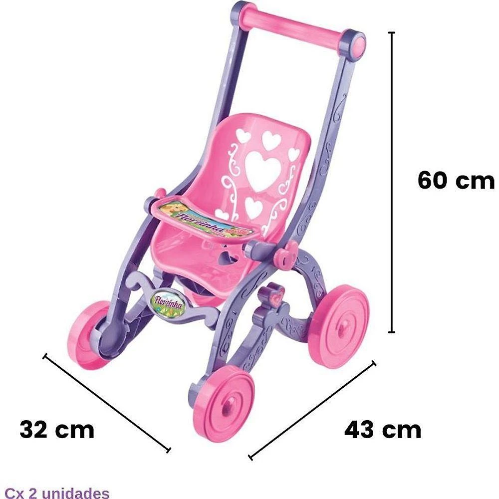 Kit 2 Carrinhos de Boneca Florzinha Plástico Rosa Lilás Brinquemix