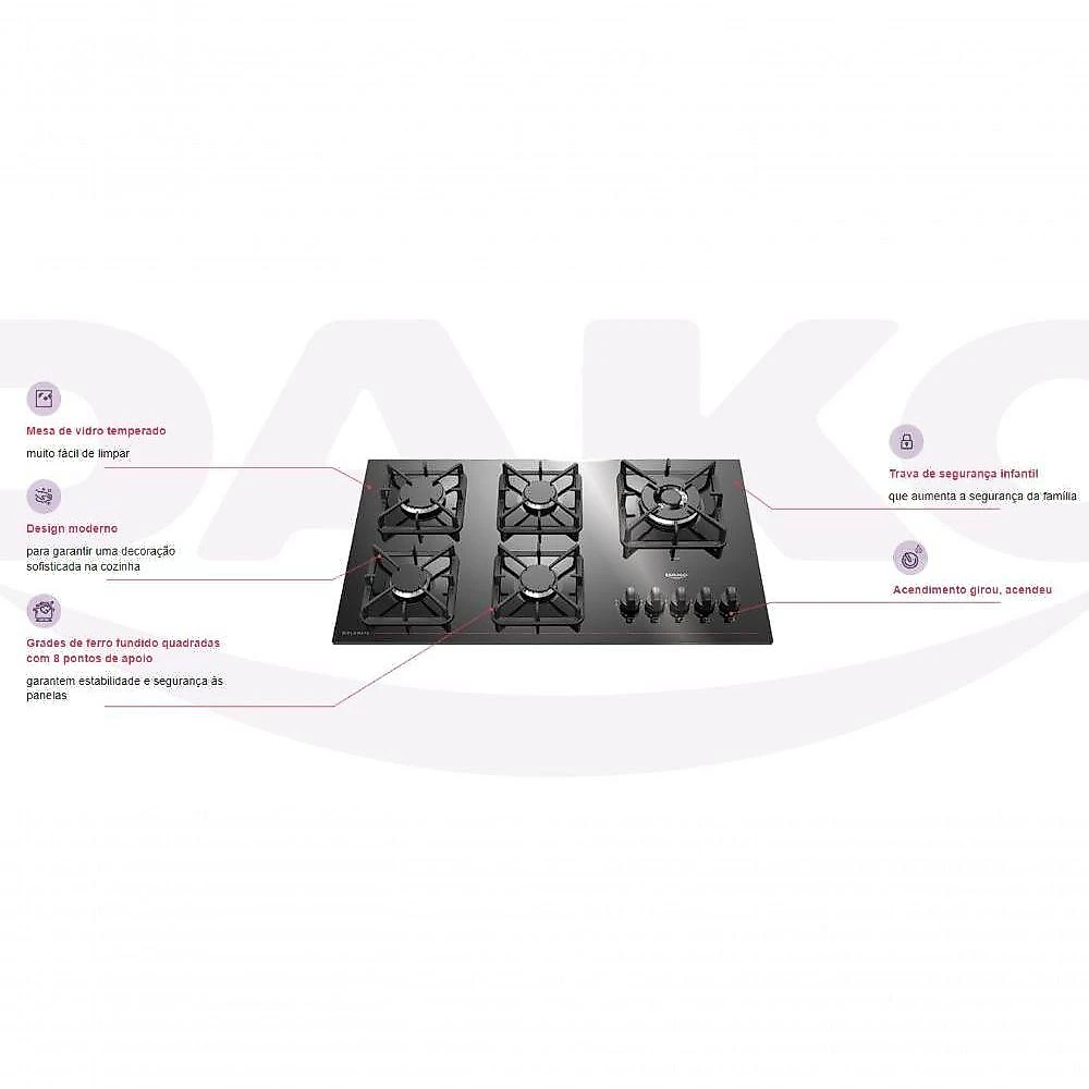 Cooktop 5 Bocas Dako Diplomata Mesa De Vidro Preto Bivolt