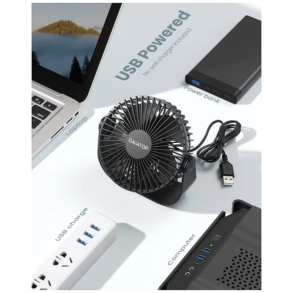 Ventilador de Mesa USB Gaiatop Preto 14 cm, 3 Velocidades até 4,8 m/s 2500 RPM, Rotação 90°, Silencioso 40 dB, 5 Lâminas, Modelo TF55B