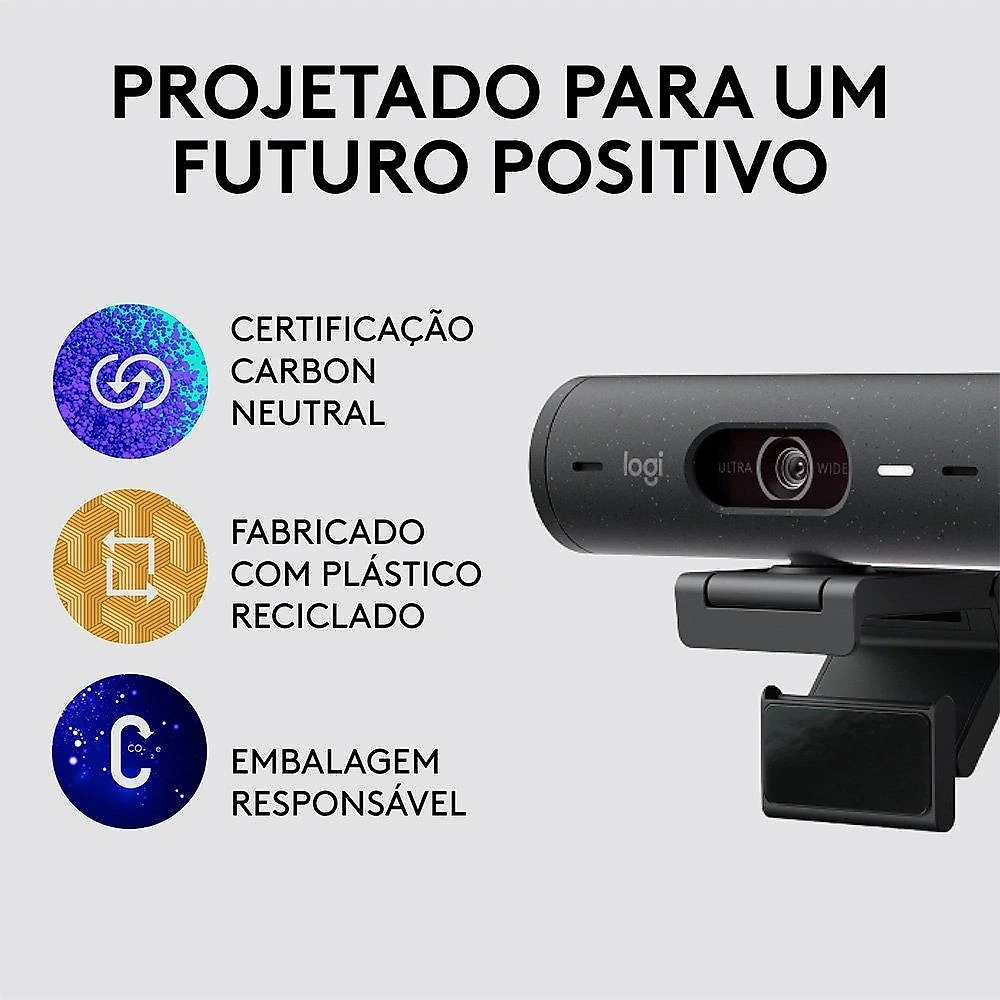 Webcam + Suporte Logitech Brio 500 Full HD, 1080p, 30 FPS, com Microfones Duplos, USB, Suporte Incluso, Grafite - 960-001412