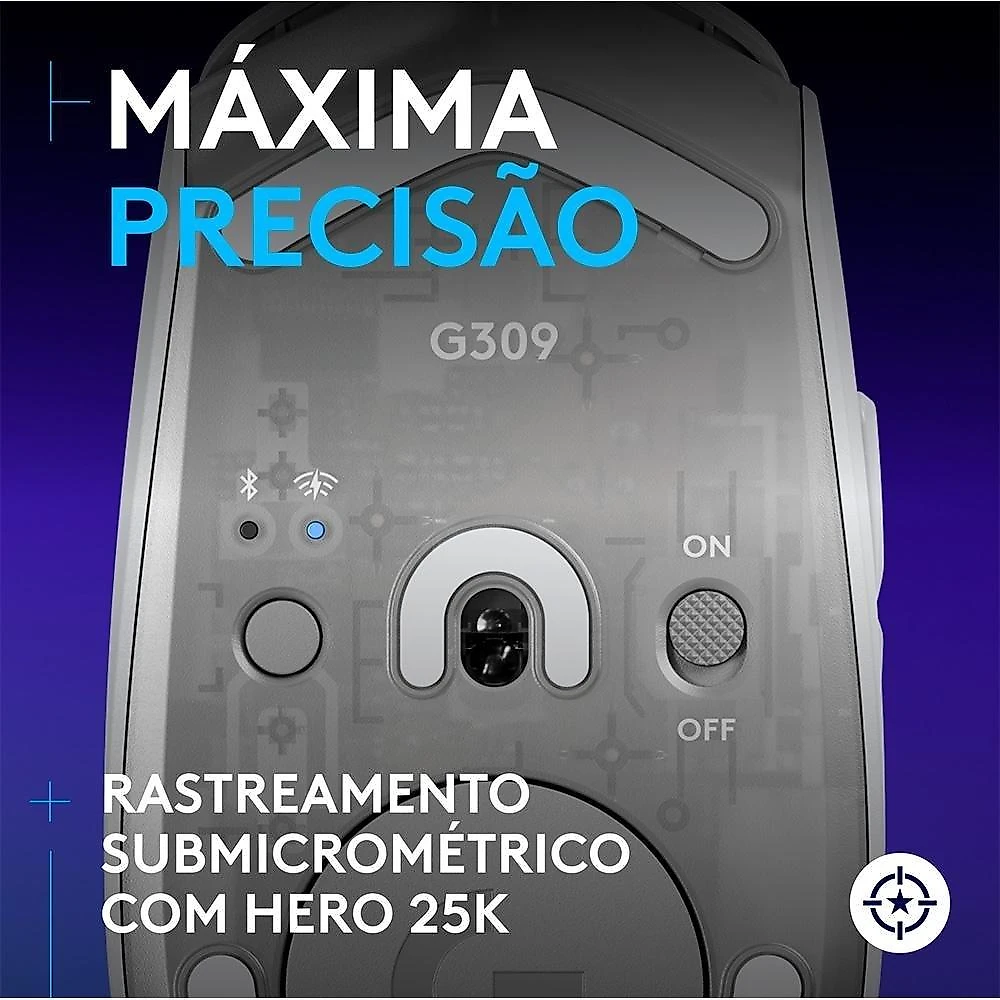Mouse Gamer sem fio Logitech G309 LIGHTSPEED com Switches LIGHTFORCE, Sensor HERO 25K, 6 botões programáveis, Branco - 910-007206