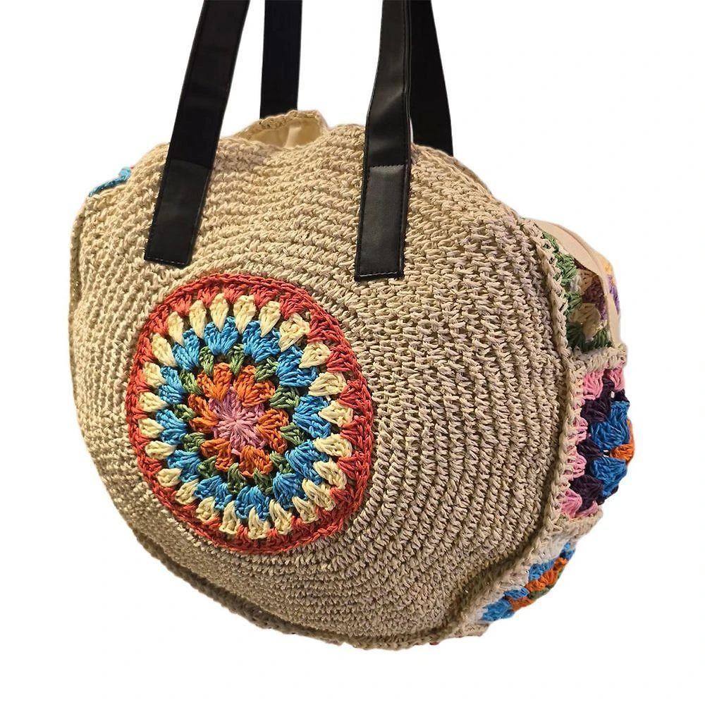 Bolsa Artesanal Praia Forrada Redonda Crochê Grande Verão Cor Palha