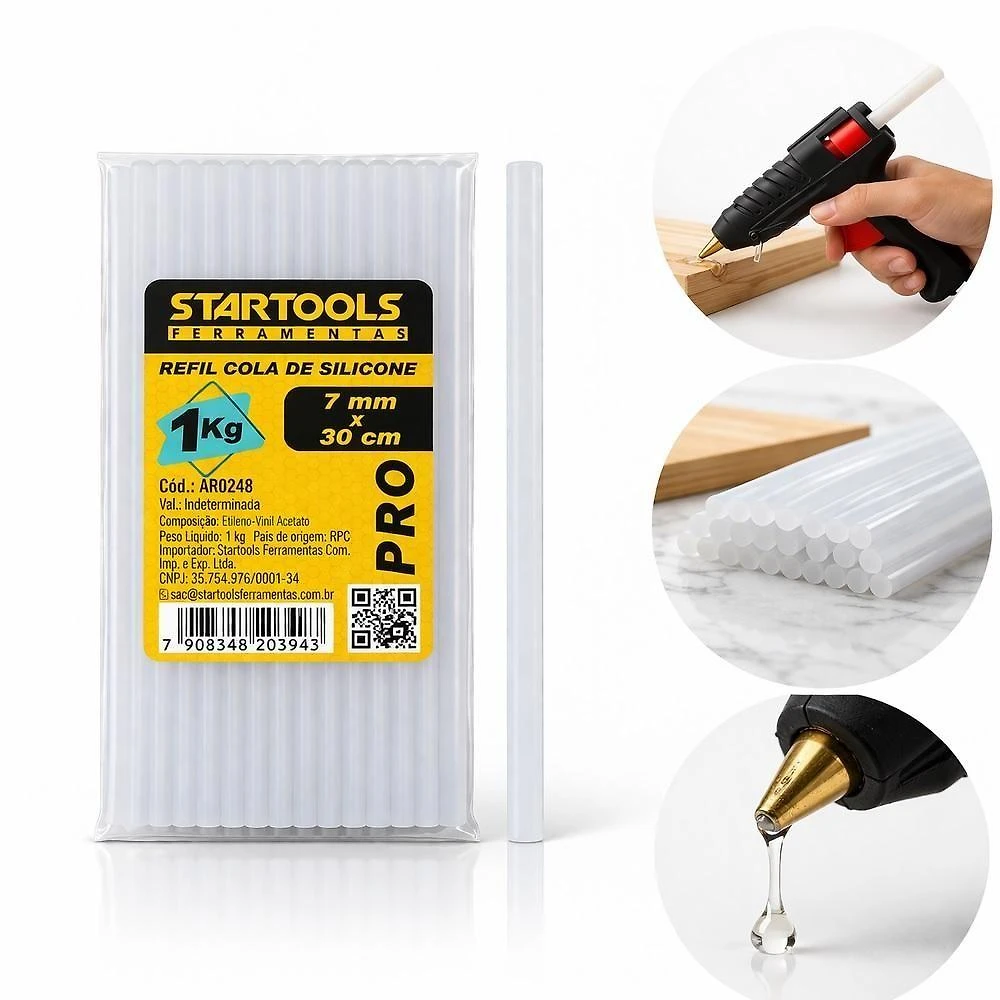 Refil de Cola Quente Fino Silicone 7mm X 30cm Transparente 1kg Aproximadamente 80 Unidades Startools