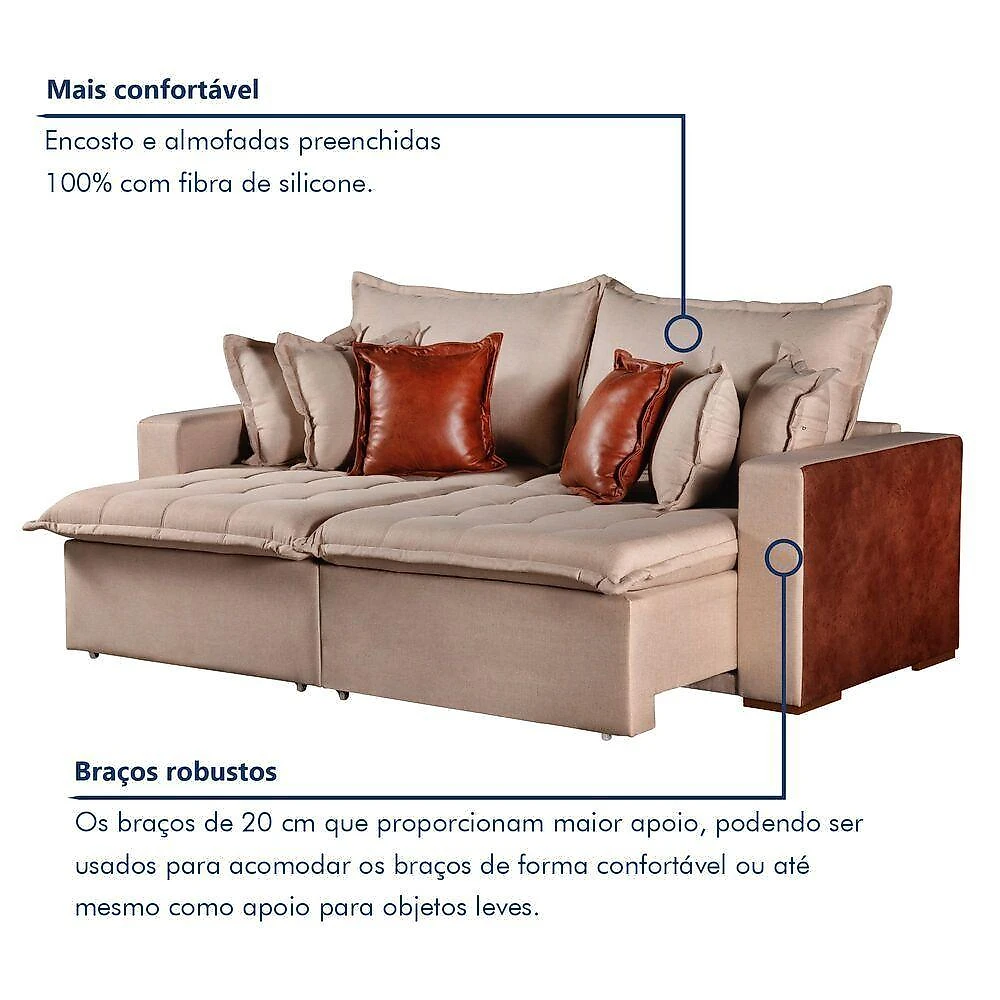 Sofá Cama Verona 3 Lugares Retrátil e Reclinável 220CM Cinza Linho