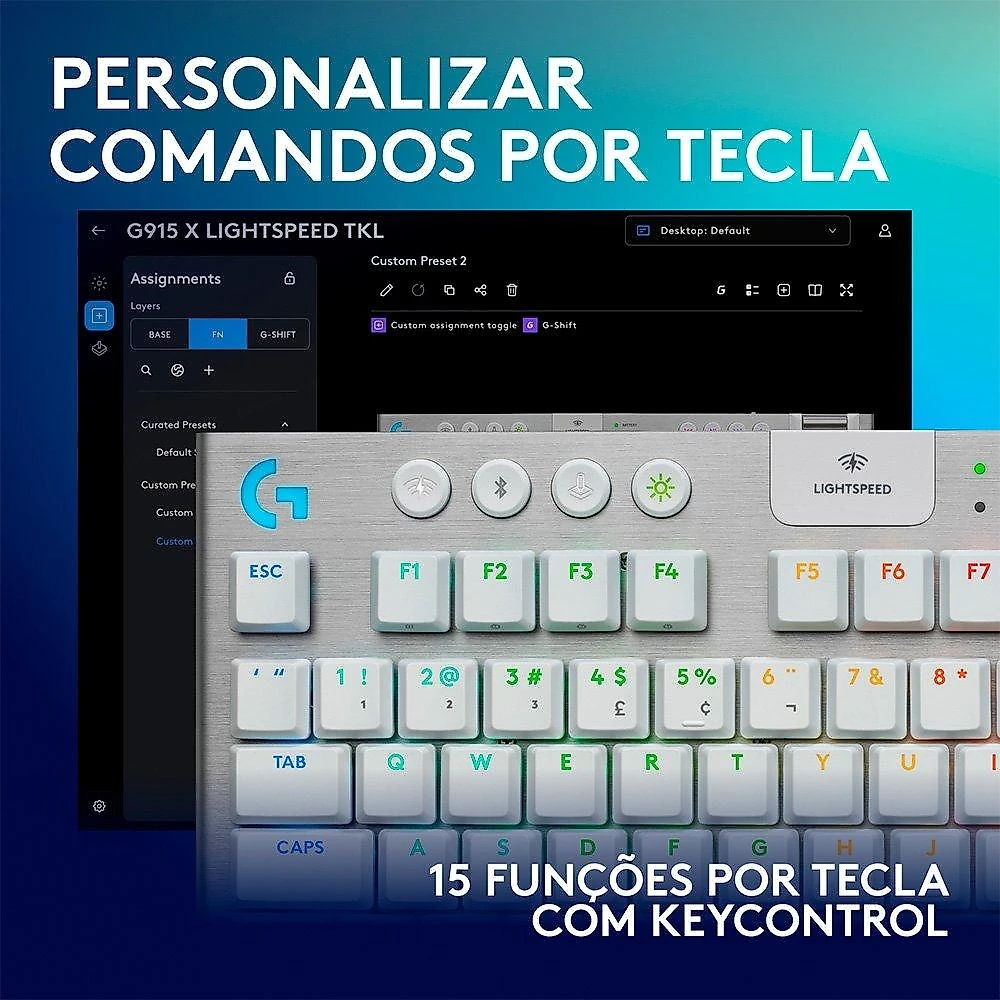 Teclado Mecânico Gamer Sem Fio Logitech G915 X Lightspeed, Design TKL RGB Lightsync, USB ou Bluetooth e Switch GL Tactile, Branco - 920-012732