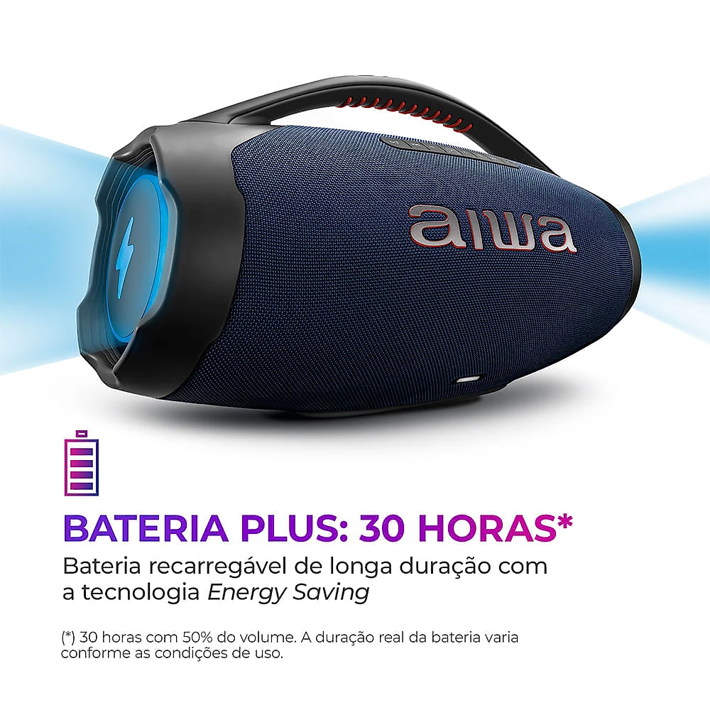 Caixa de Som Boombox Plus AIWA BBS-01-LBL 200W BT 30H IP66 USB RGB BOOMBOX C/ LUZES AWS-BBS-01-LBL BIVOLT