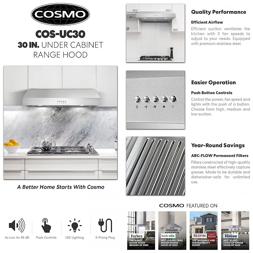 Coifa de Parede Sob Armário COSMO UC30 Aço Inox 646 m³/h 3 Velocidades LED 120V, 74,9cm