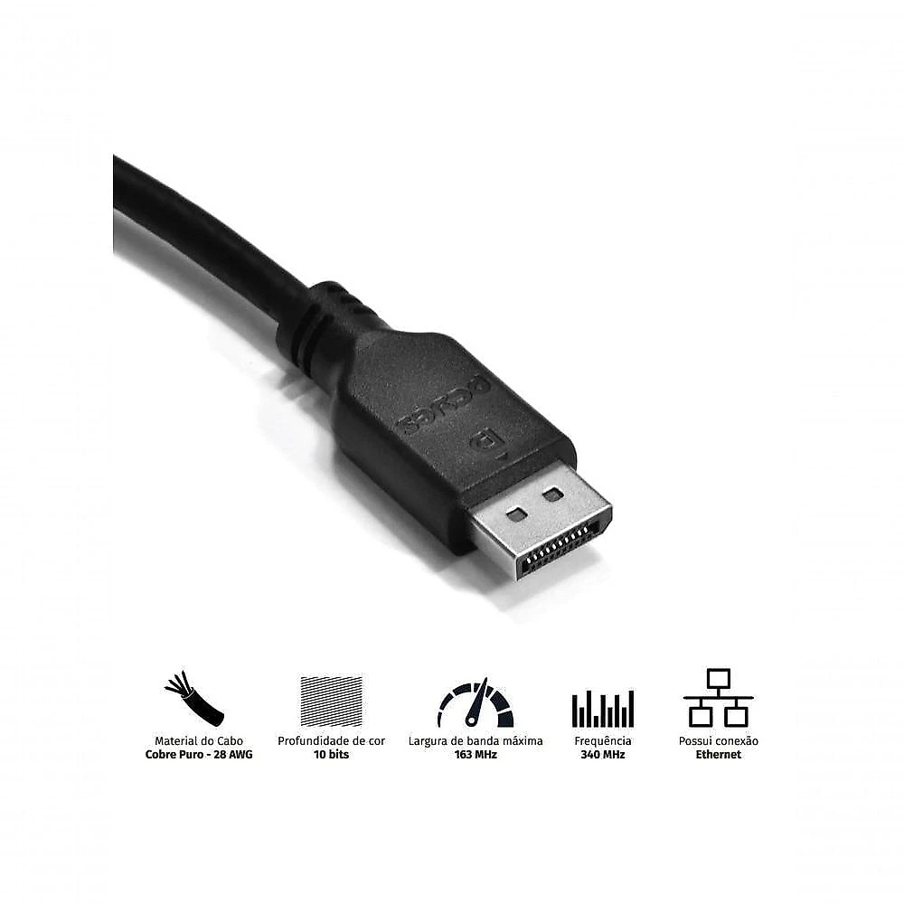 Cabo Displayport PDPM-2 2 METROS V1.2 com Resolução 4K 60 HZ e Áudio 7.1 Virtual Pcyes