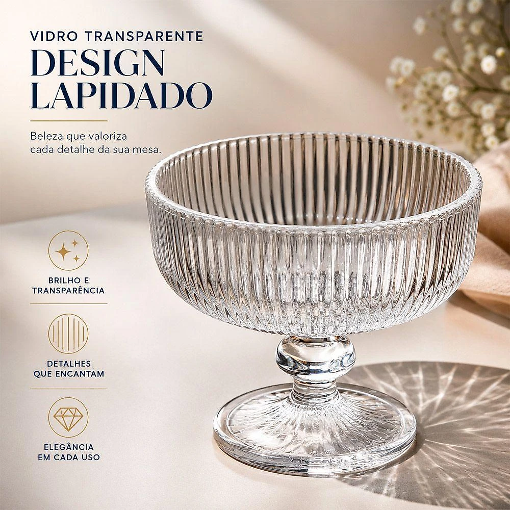 Taça de Sobremesa Lines em Vidro Transparente com Textura em Relevo para Coquetel e Sorvete Kit 4