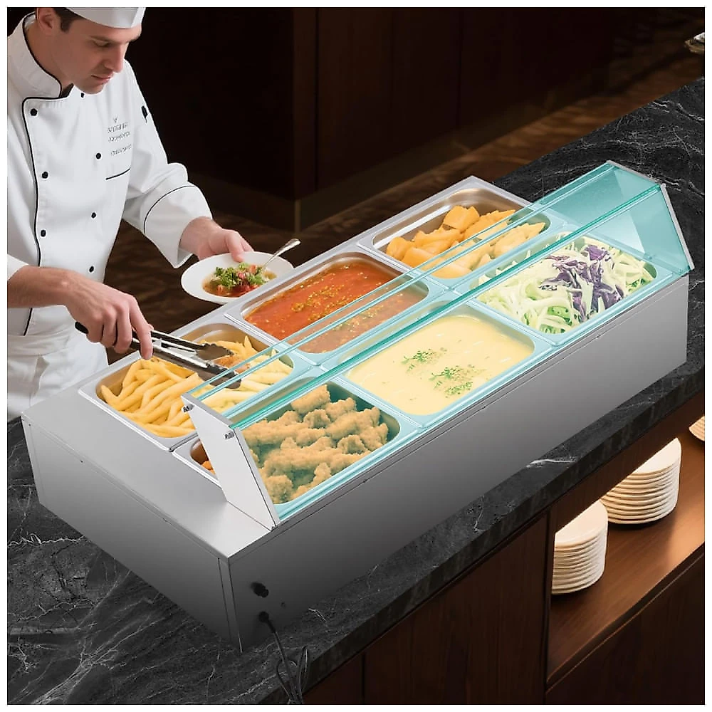 Aquecedor de Alimentos Buffet VEVOR M-2223 Banho-Maria 6 Cubas Aço Inox Tampa de Vidro 1500W 110V