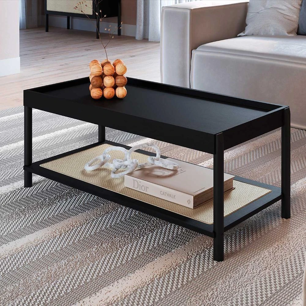 Mesa de Centro Mesa de Centro Retangular MDF Pés Madeira 93CM Nero com Prateleira Estrutura MDP