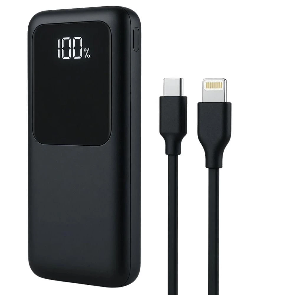Power Bank MDM com Monitor Digital para Celular com Cabos Usb C e Lightning Preto