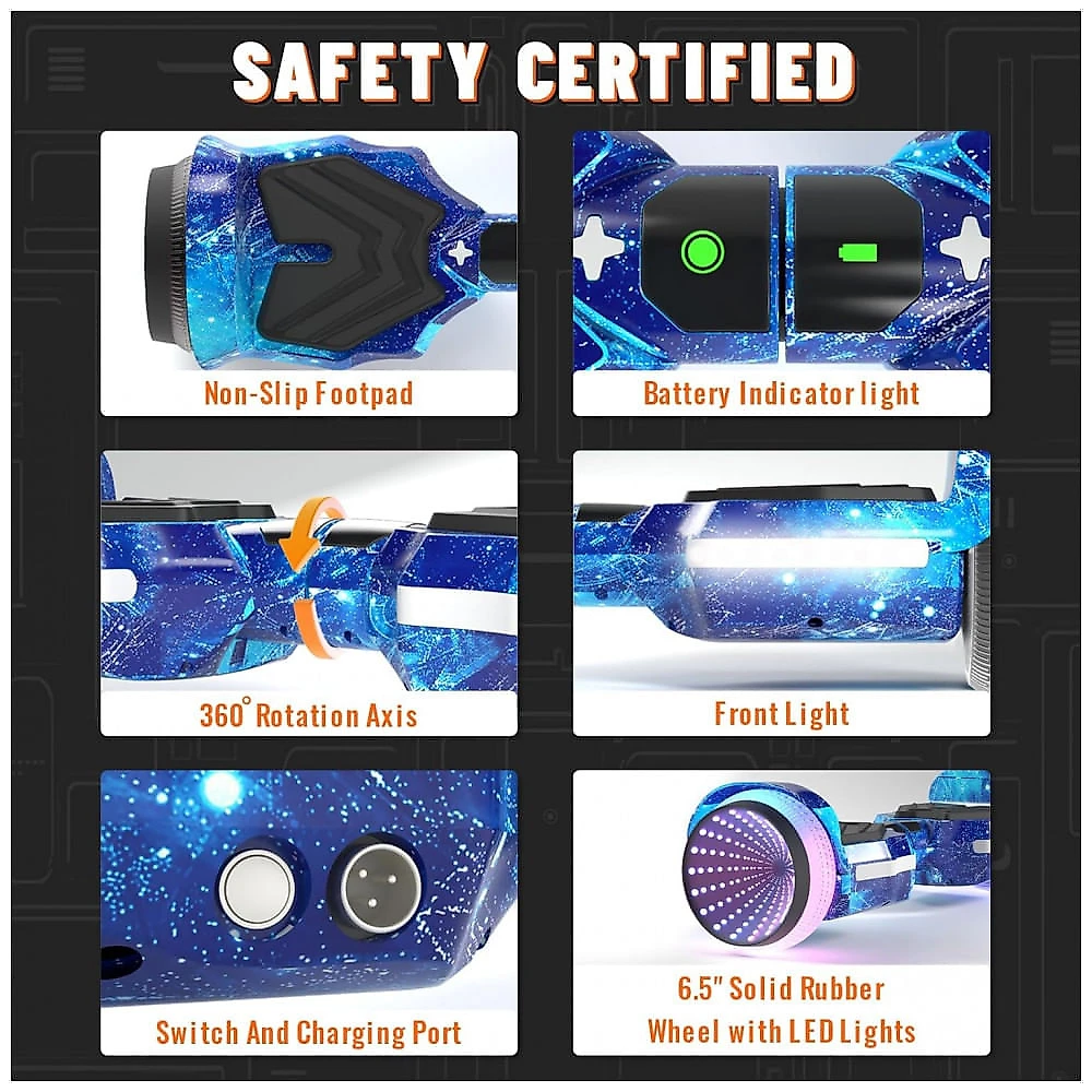 Hoverboard SIMATE com Rodas Coloridas de LED, Alto-falantes Bluetooth e Aplicativo, Duplo Motor de 250W, Velocidade Máxima de 13,7 km/h