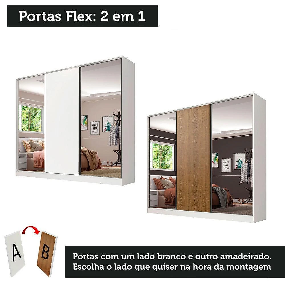 Guarda roupa casal 100% mdf madesa royale 3 portas de correr com espelhos - branco/rustic