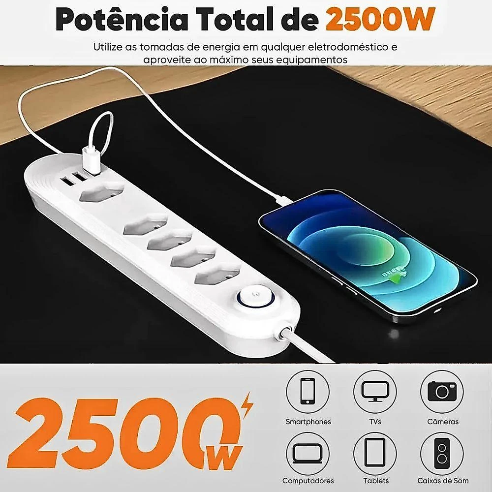Filtro de Linha KA-7002 4 Tomadas e 3 USB Bivolt 2M Branco Kapbom