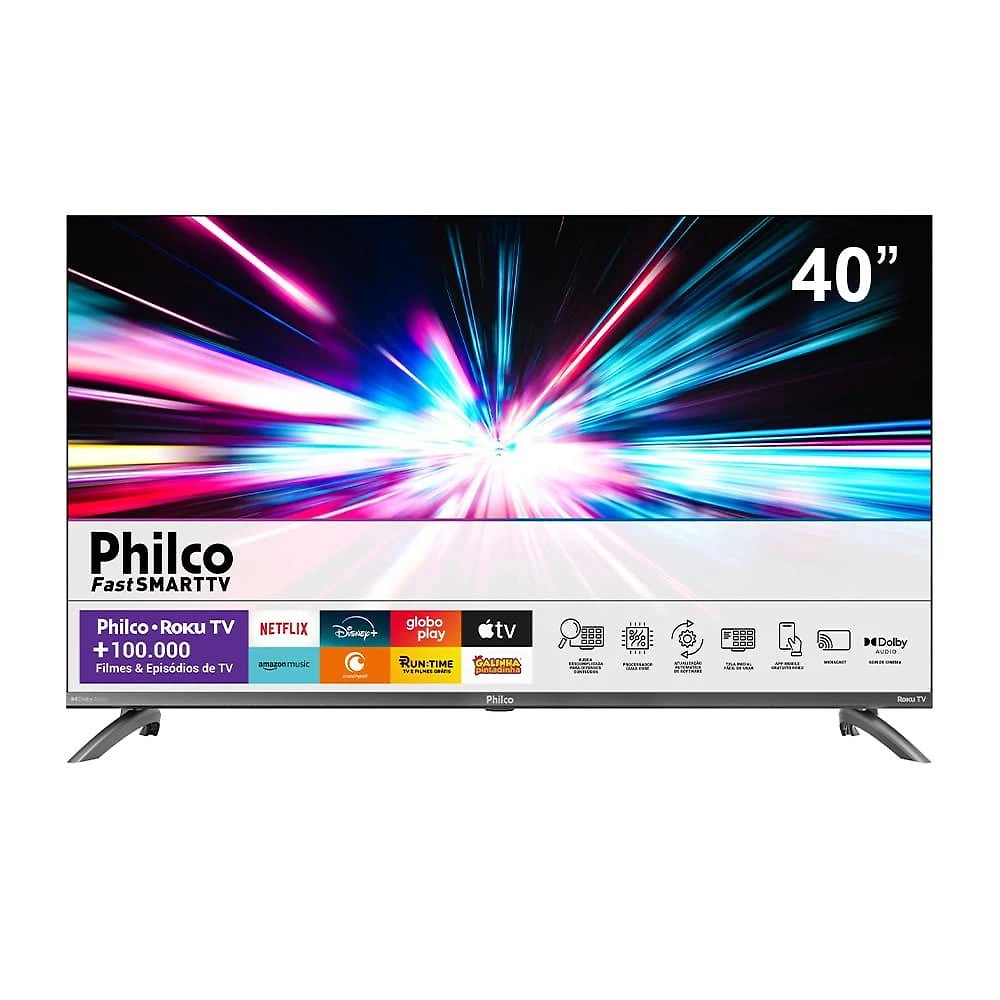 Smart tv 40" philco full hd led ptv40m9gr2cgb com sistema operacional roku tv, dolby audio, processador quad-core, entradas usb e hdmi