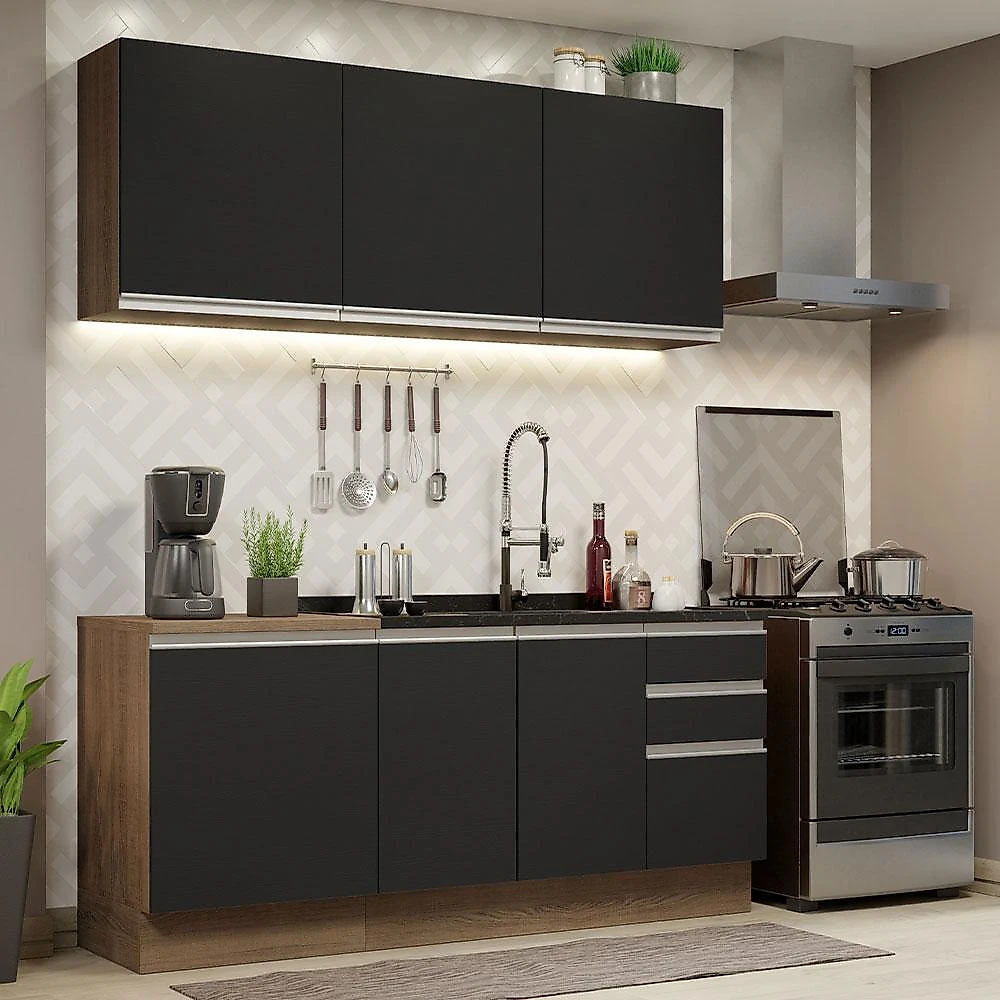 Cozinha compacta madesa glamy 180005 com armário e balcão (sem tampo e pia) - rustic/preto