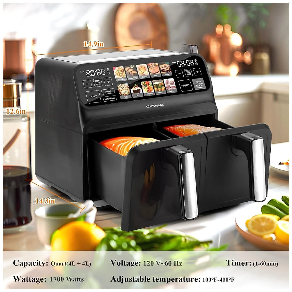 Air Fryer 7.5L com Painel Digital, Cesto Duplo Antiaderente e 10 Receitas Incluídas, 110V 2200W, ChefRobot GL-AF1707, Preta 110v