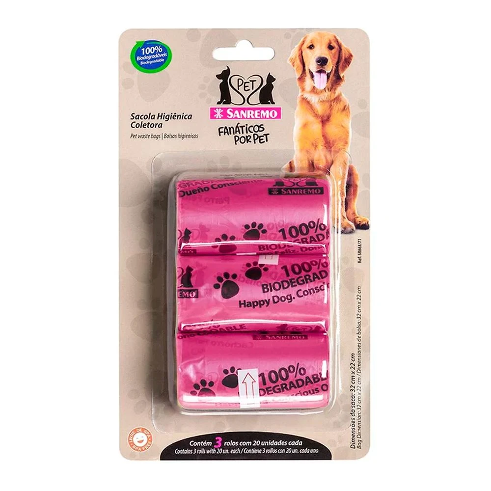 Conjunto de sacolas higiênicas coletoras pet rosas 4l - sanremo