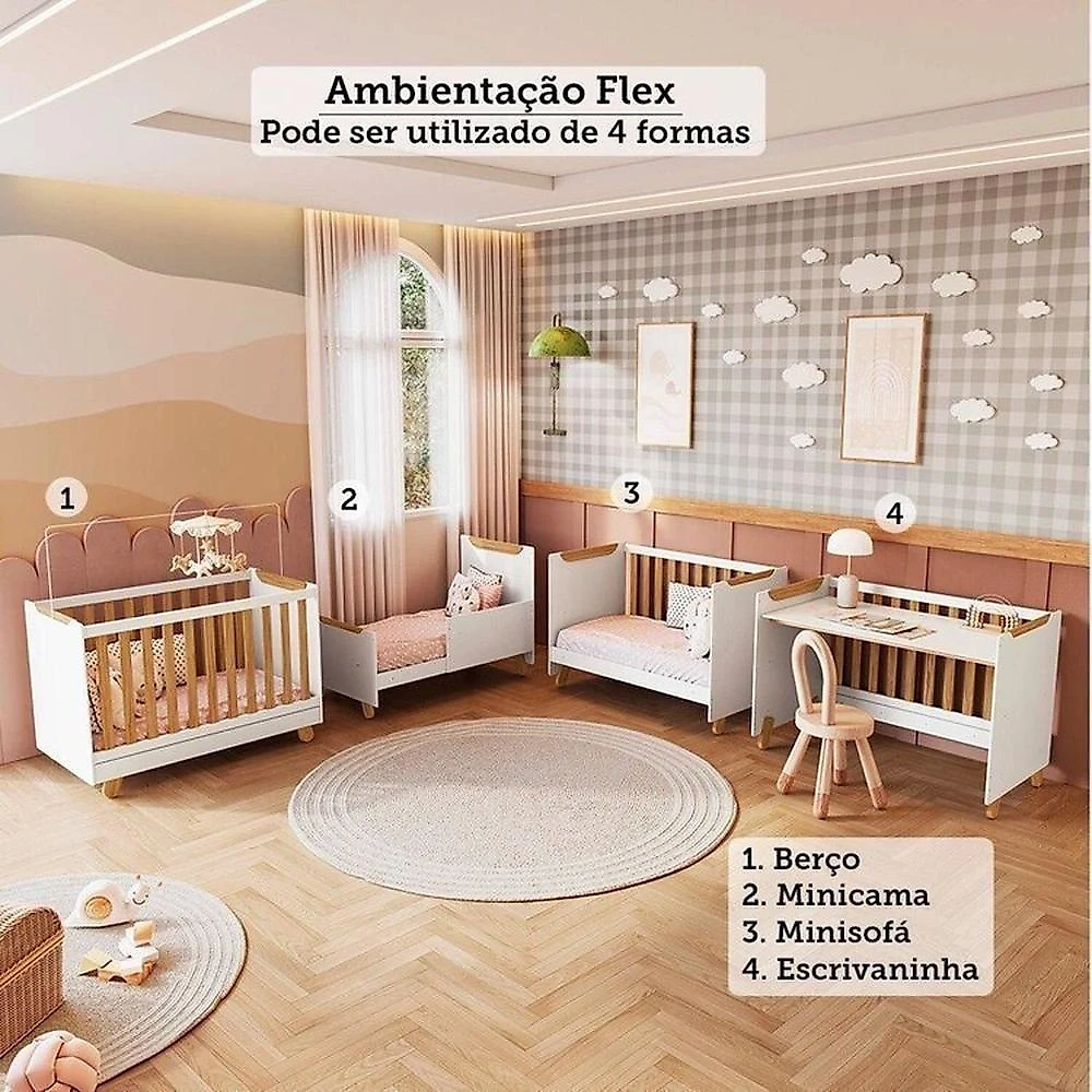Quarto de Bebê com Cômoda 4 Gavetas e Berço 4 em 1 Minicama 100% Mdf Mike Espresso Móveis Branco Brilho/Amêndoa