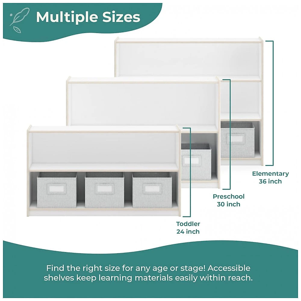 Estante baixa Guidecraft EdQ Two Shelf Open Storage 30" Branca com 2 prateleiras abertas e 3 caixas de tecido 107cm