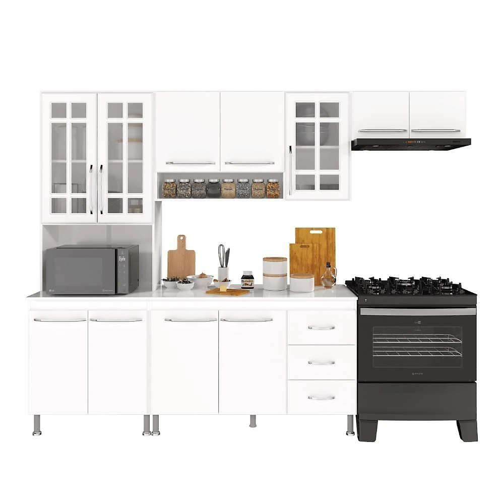 Armário de Cozinha Modulada Compacta Viena 11 Portas 3 Gavetas MDP 260CM Branco Fidelita Móveis webcontinental-7899208700071